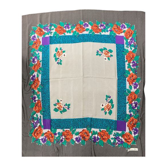 Christian Dior Scarf Women’s One Size Silk Polka Dots And Flowers Multicolor - Picture 3 of 5